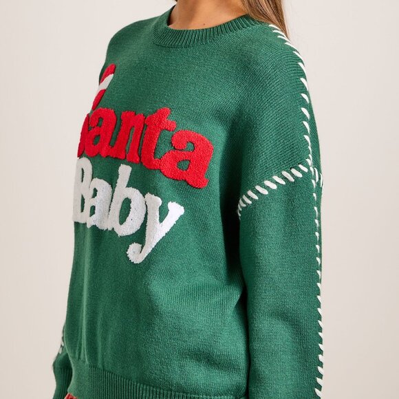 Premium Boutique SANTA BABY Green Christmas Holiday Knit Sweater Puff Design NEW - Picture 2 of 8